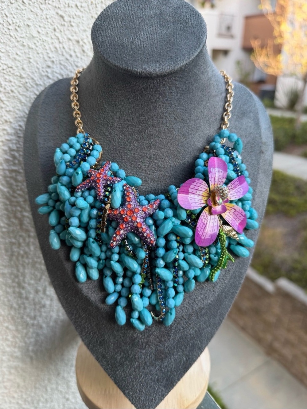 Betsey Johnson Turquoise Beaded Floral Statement Necklace with Pink Accent - Picture 2 of 3